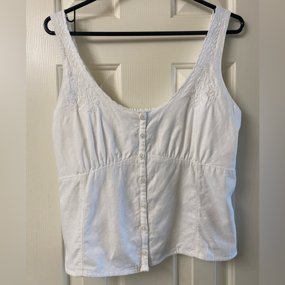 Hollister White Button-Front Embroidered Tank Top